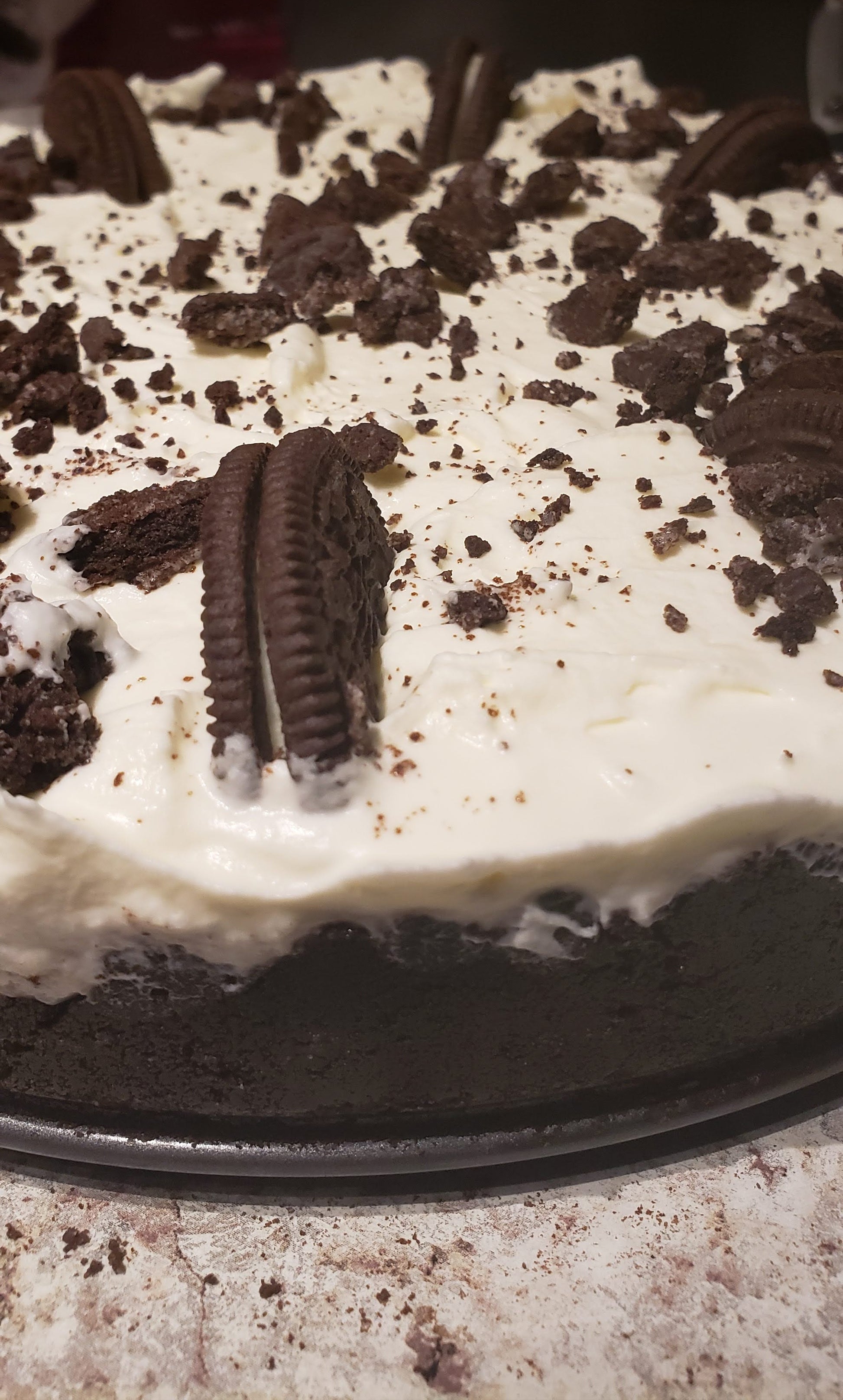Close-up of a dessert with Oreo cookies on a plate